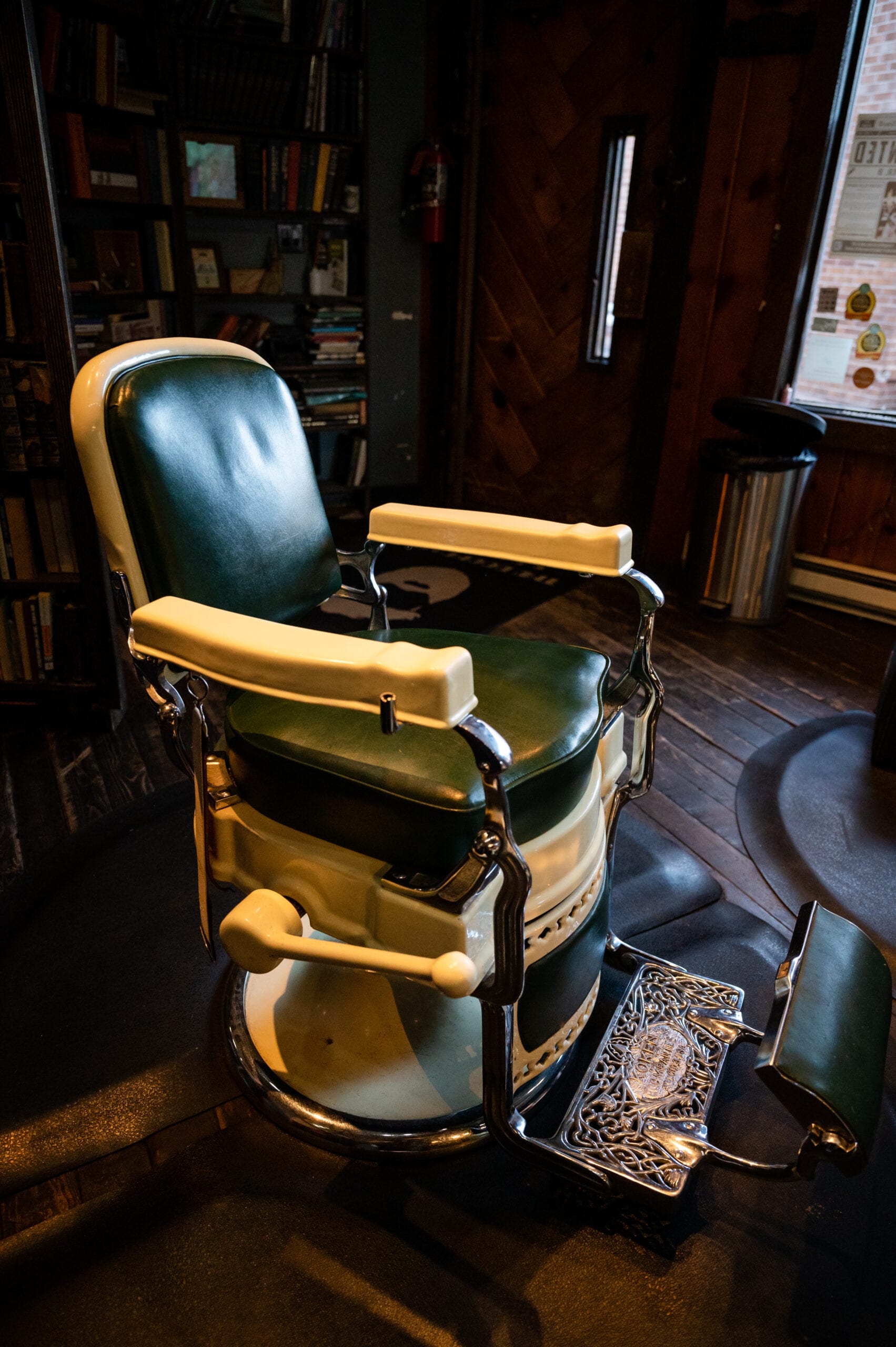 Classic barber chair at The Bookcase and Barber